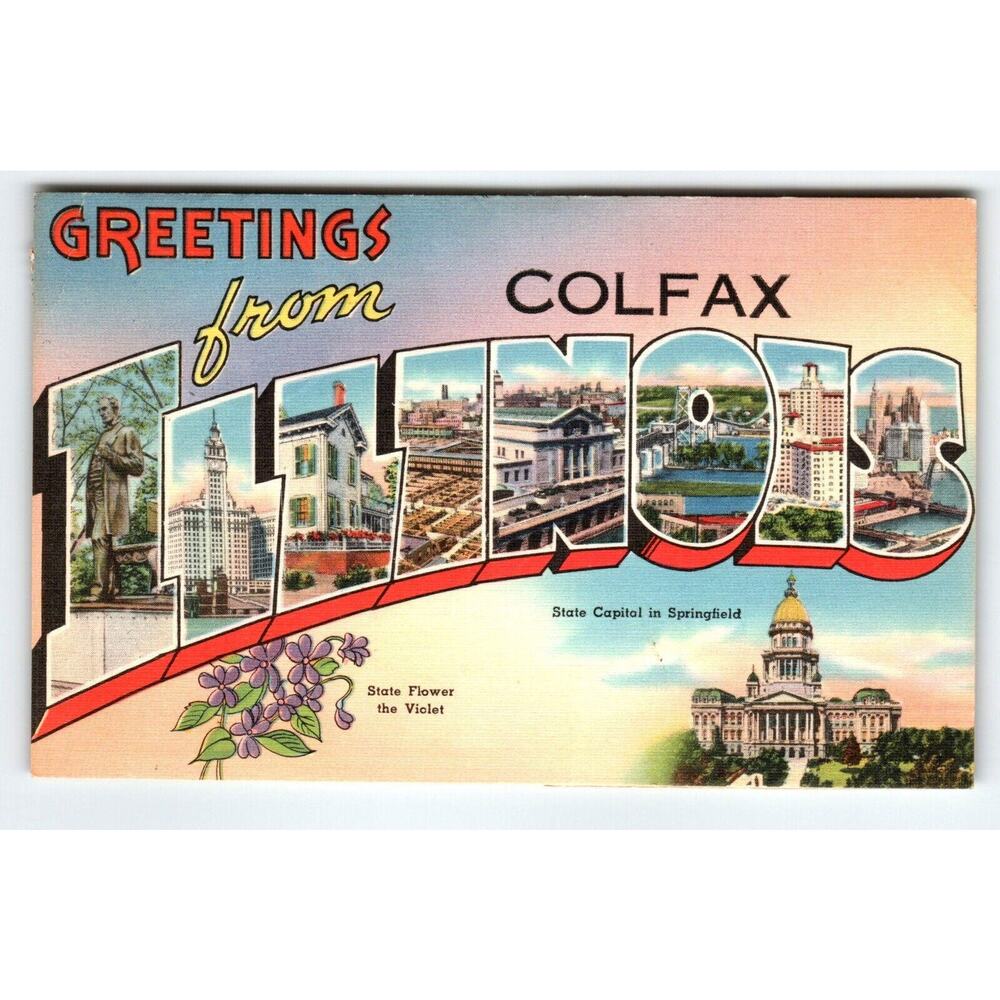 Greetings From Colfax Illinois 1940's Postcard Large Letter Linen Vintage 1947